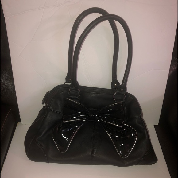 Black & Silver Pleather Vegan Bow Purse Bag - Picture 1 of 7